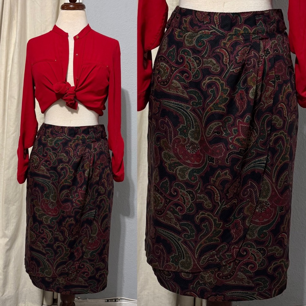 Jones New York Vintage Paisley Herringbone Pencil Skirt Burgundy Size 12‎ Formal